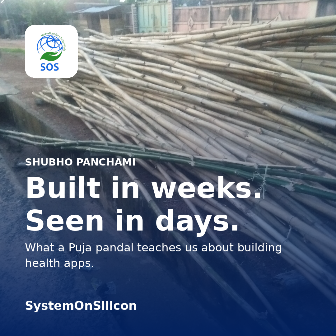 A heap of bamboo poles, with the title Built in weeks, seen in days